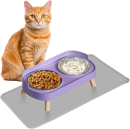 Elevated Cat Bowl, Raised Cat Food and Water Bowl Set for Indoor Cats, Splash Proof with 2 Stainless Steel Pet Food Bowls for Cats and Puppies, Whisker Fatigue and Dishwasher Safe - White