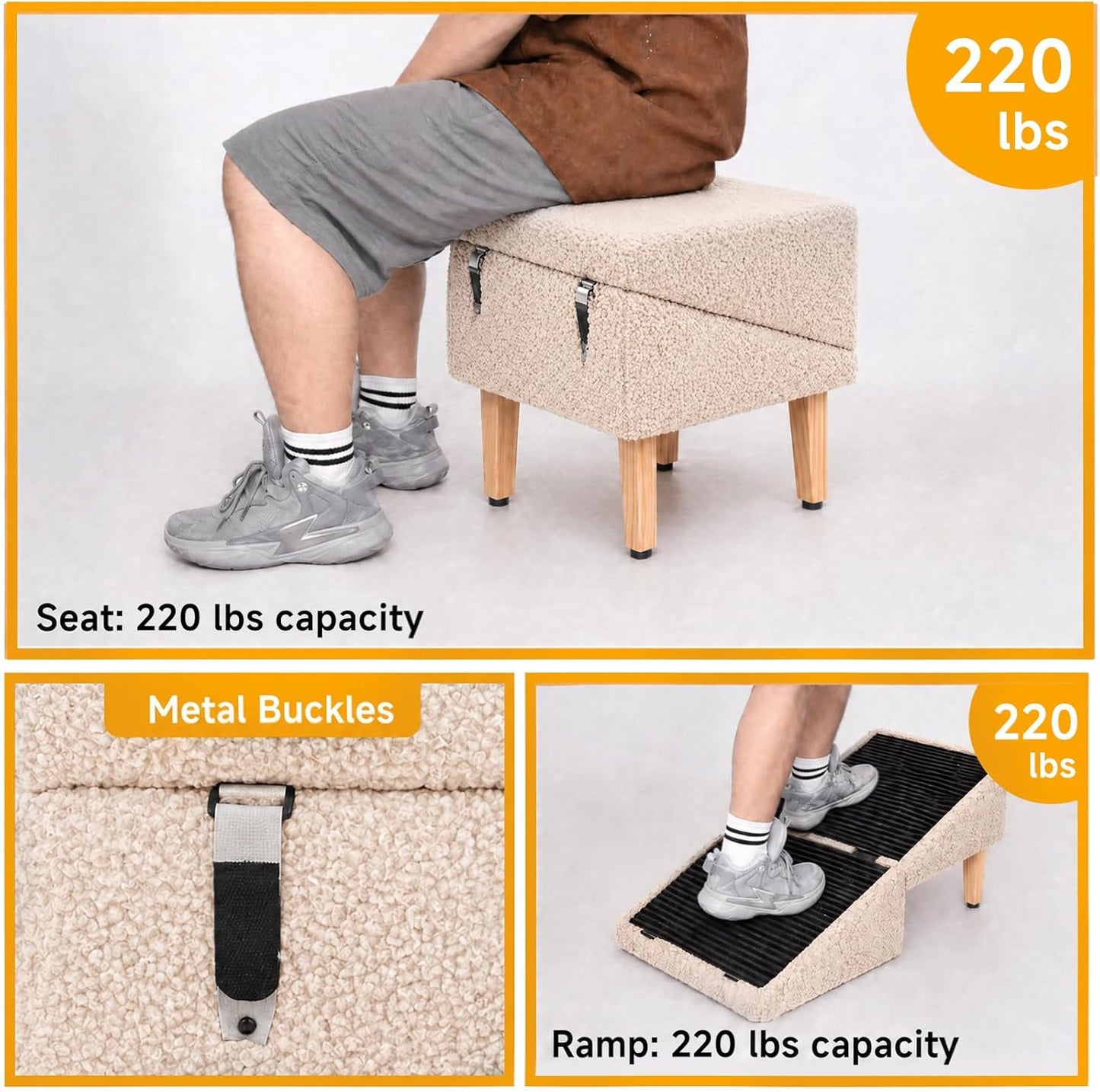3-in-1 Dog Ramp with Storage 18.9"×17.7"×18.9", Dog Steps Anti-Slip, Foldable Pet Stairs, Ottoman Pet Ramp for Puppy Senior or Injured Dogs & Cats, Supports 220 lbs for Couch & Bed