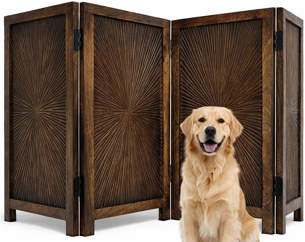 Freestanding Pet Gate for Dogs, Foldable Wooden Dog Gate for House, Indoor Dog Gate for Stair, Doorway, House Design Gates for Dogs Indoor, 72 Inch Wide, (18" x4 Panels 72 inch), Burnt Finish