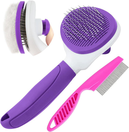 Cat Brushes for Indoor Cats, Dog Brush for Shedding with Metal Cat Comb, Self Cleaning Pet Hair Brush with Release Button for Grooming Kitten(Pink)