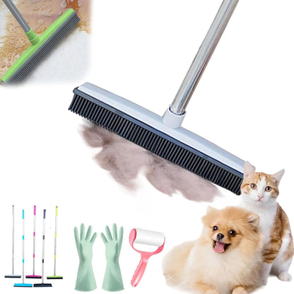 Pet Hair Rubber Broom, Rubber Broom for Pet Hair On Carpet, Pets Hairs Removal Broom with 49" Adjustable Handle, Soft Push Broom with Squeegee for Carpet, Hardwood Floor, Tile (E)