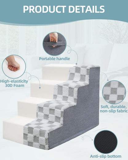 KSIIA Dog Stairs for Small Dogs & Cats Pet Stairs Supportive 4-Tier Pet Steps for Bed Couch Sofa Chair, No-Slip Cat Steps with Removable Washable Cover, 24" D x 15" W x 17.5" H, Grey