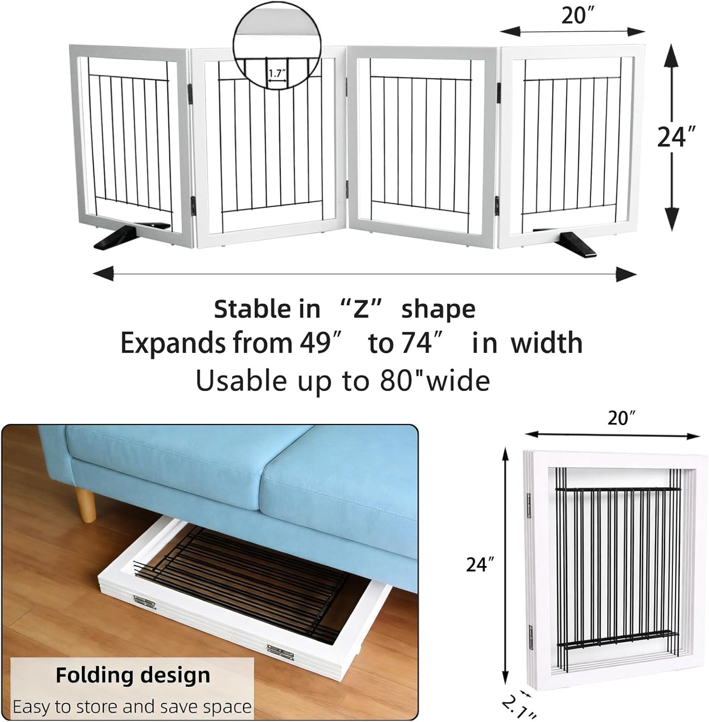 ZJSF Freestanding Dog Gate Indoor, Foldable Dog Fence for Doorways,Hallways or Stairs, Sturdy Wood Extra Wide Pet Gate with Support Feet,Black,24 "Height-3 Panels