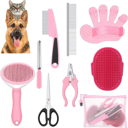 Yaomiao Dog Brush Grooming Kit 9 Pcs Kit with Pet Nail Clipper and File Cat Grooming Deshedding Undercoat Rake Comb for All Breeds Sizes Promotes Healthy Skin Coat(Classic Color)