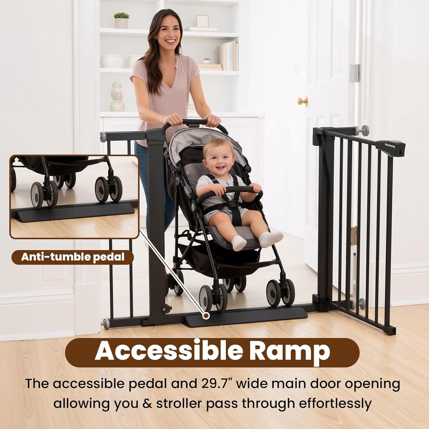 Baby Gate for Stairs, 29.7-40.6" Auto Close Dog Gate Indoor for Doorways, Dual-Lock Design, Adjustable Pet Gate No Drilling with Walk Thru Door for Hallways, Stroller Friendly, Black