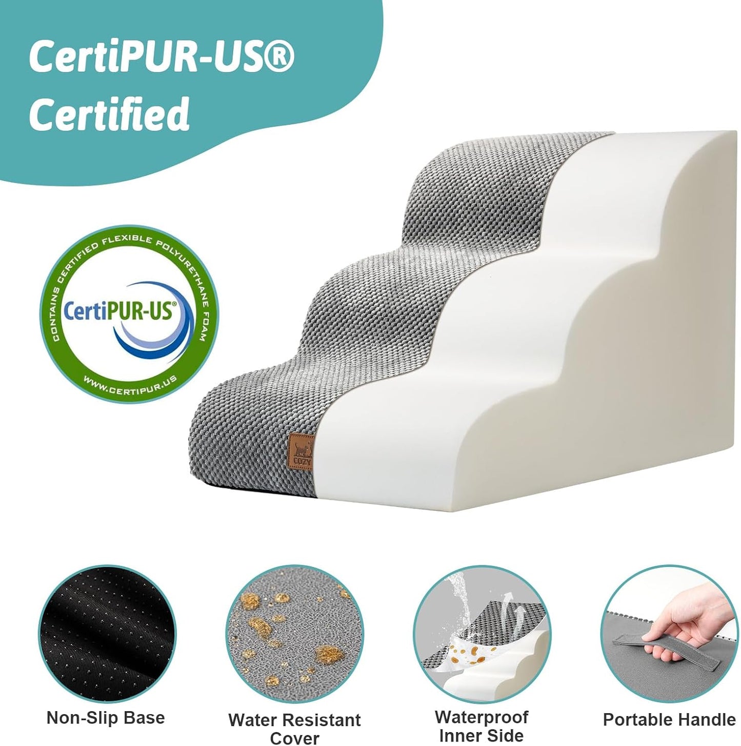 COZY KISS Dog Stairs for Small Dogs 15.7" H, Curved Dog Step for Puppy, Older Cat, Medium Pet Ramp for Sofa, Couch or Chair, Ladder with High Density Foam, 3 Step, 15.7x22.4x15.7 inch, Beige