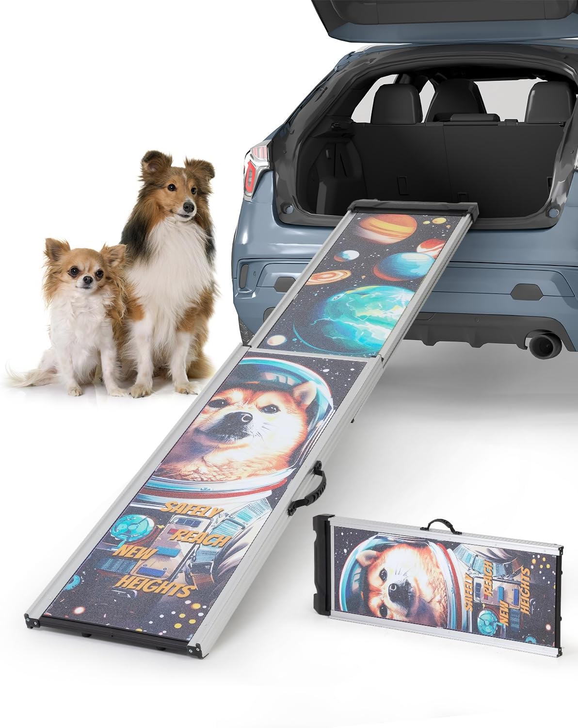 COZIWOW Telescoping Dog Car Ramp for Large Dogs - Heavy-Duty Aluminum Pet Ramp with High-Traction Surface, Anti-Slip Steps for Cars/Trucks/SUVs,Adjustable Sizing,330LB Load Capacity (63.5" L)