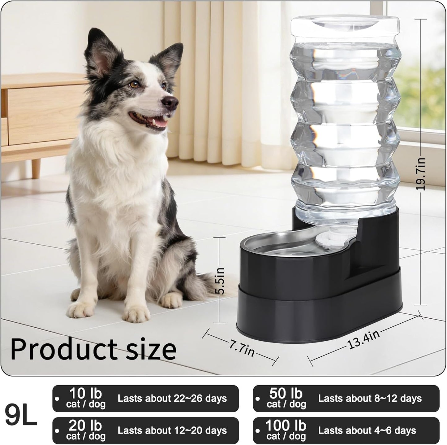 RIZZARI 8L Elevated Pet Water Dispenser – Stainless Steel Gravity Waterer with Auto-Refill Design for Medium and Large Dogs & Senior Pets -Comfortable Drinking Height for Living Rooms,Multi-Pet Homes