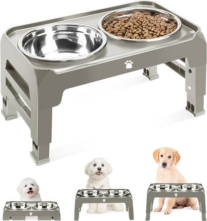 Elevated Raised Dog Bowl Stand with 2 Stainless Steel Bowls, Adjustable Height for Medium Large Dogs, 12.36" - 3.7" Foldable Feeder, Grey