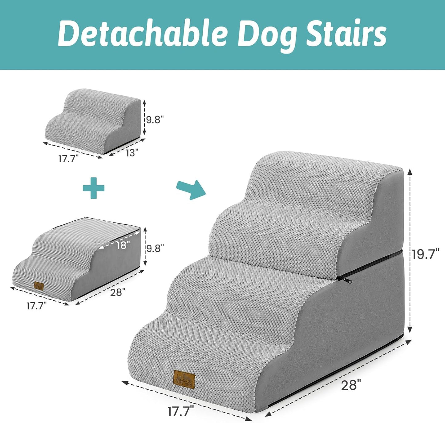 COZY KISS Extra Wide Dog Stairs with Tunnel, Foam Detachable Large Dog Step for Small Pet, Puppy or Cats, Medium Pet Ramp for High Bed, Couch, Sofa or Car, 19.7x33x22.4 inch, 5 Step, Beige