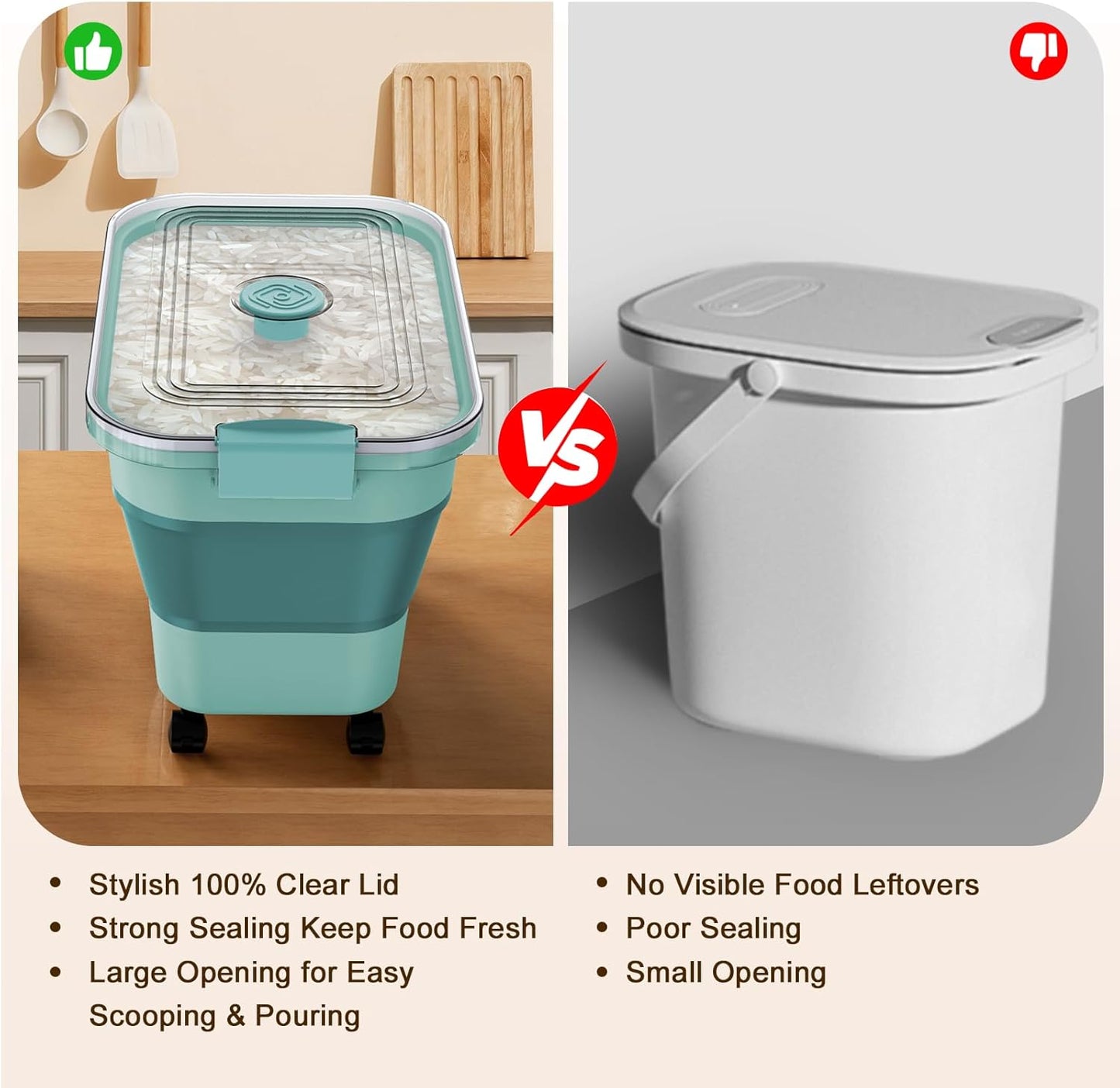 Komzon Rice Storage Container, Collapsible Airtight 10-40 Lb Rice Storage Container, 25lb Pet Dog Food Storage Container, Rice Dispenser Bin with Cup and Scoop for Flour Cereal Pasta Grain, Cat Bird