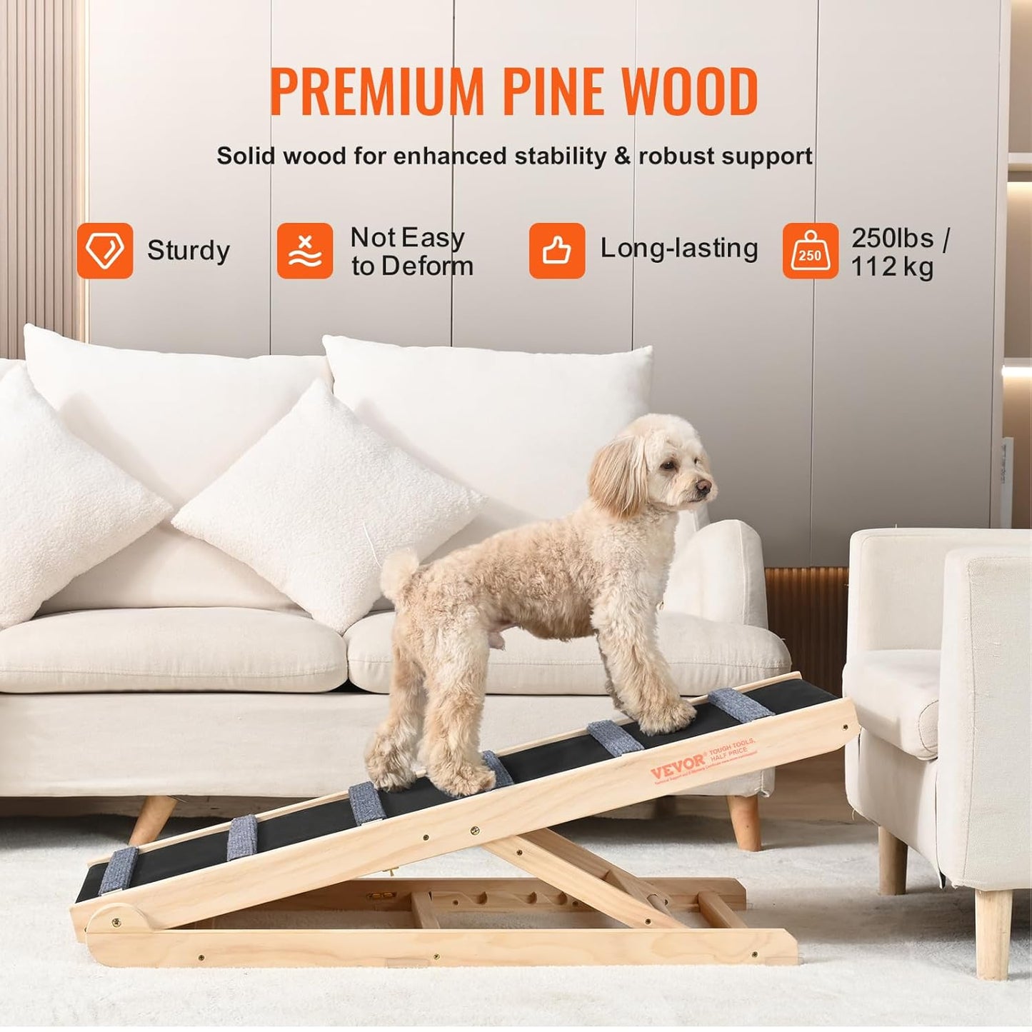 VEVOR Dog Ramp, Folding Pet Ramp for Bed, Adjustable Dog Ramp for Small, Large, Old Dogs & Cats, Wooden Pet Ramp with 39.3" Long Ramp, Adjustable from 15" to 22", Suitable for Couch, Sofa, Car