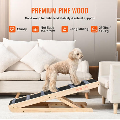 VEVOR Dog Ramp, Folding Pet Ramp for Bed, Adjustable Dog Ramp for Small, Large, Old Dogs & Cats, Wooden Pet Ramp with 39.3" Long Ramp, Adjustable from 15" to 22", Suitable for Couch, Sofa, Car