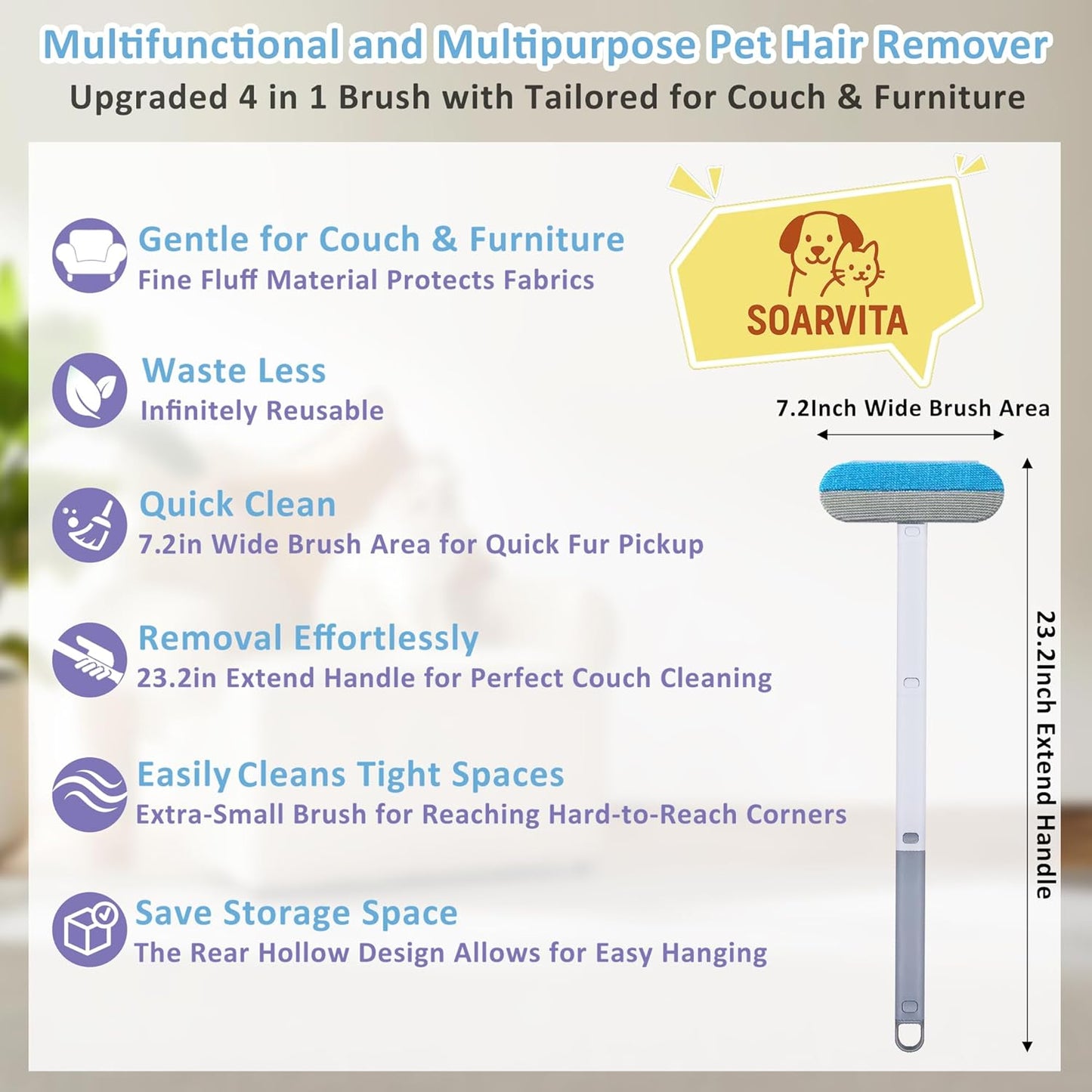 Pet Hair Remover for Furniture: Extra Long 23.2 Inch Reusable Pet Hair Removal Brush for Dog & Cat Hair, Effective on Couch, Carpet, Bedding, and Clothes, Gentle & Washable Design