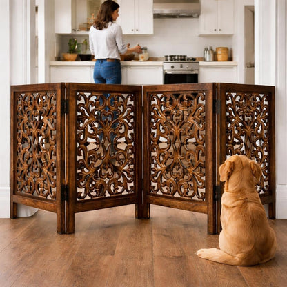 Freestanding Pet Gate for Dogs, Foldable Wooden Dog Gate for House, Indoor Dog Gate for Stair, Doorway, House Design Gates for Dogs Indoor, 72 Inch Wide, (18" x4 Panels 72 inch), Burnt Finish