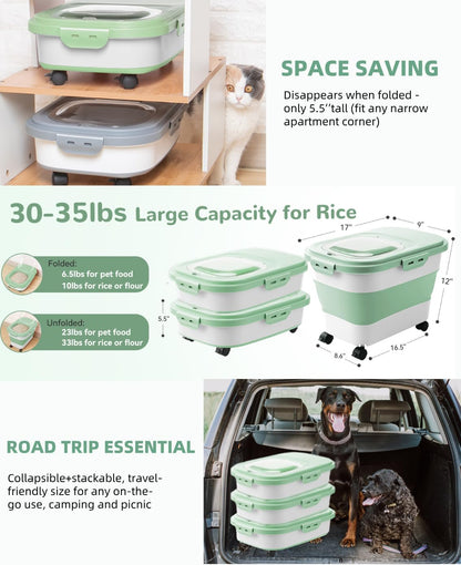 20-23 Lbs Dog Food Storage Container - Collapsible Dog Food Container with Attachable Casters and Scoop,Travel Silicone Bowl, Pet Food Storage Containers to Keep Dry Food Fresh,Easy to Move