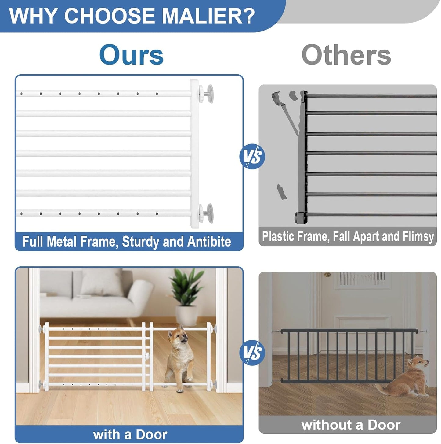 Malier Indoor Dog Gate with Door, 26-41" Extra Wide Full Metal Pet Gate Short Dog Gate for Stairs, Pressure Mount 10'' Tall Small Puppy Low Gate Easy Step Over for Doorways