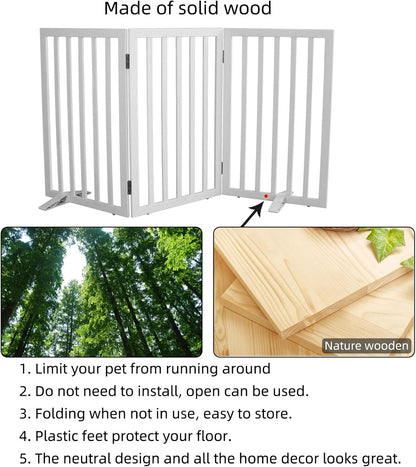 ZJSF Freestanding Indoor Dog Gate for House Foldable Wood Puppy Gate for Doorways Pet Gate for Stairs Extra Wide Pet Fence, Brown, 24" Height 3 Panels