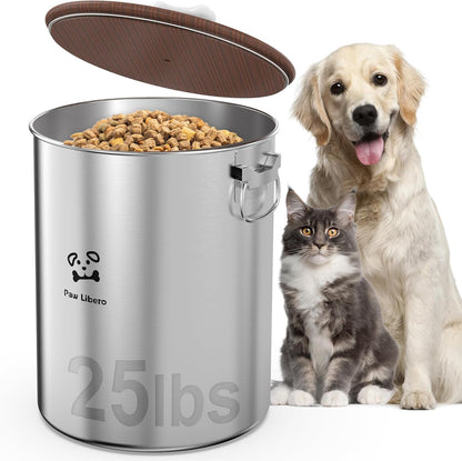 Paw Libero 25 Lbs Stainless Steel Dog Food Storage Container with Airtight Wooden Lid & Ceramic Bone Handle, Large Metal Dog Food Bin for Dogs & Cats, Keep Fresh, Easy to Clean