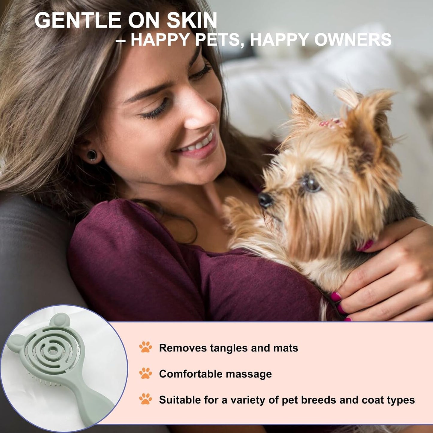 Cat-Ear Design Puppy Brush, Gentle Soft-Bristle Small Dogs Plastic Detangling Grooming Tool, Fit for Yorkie Shih Tzu Maltese Maltipoo (Light Pink)