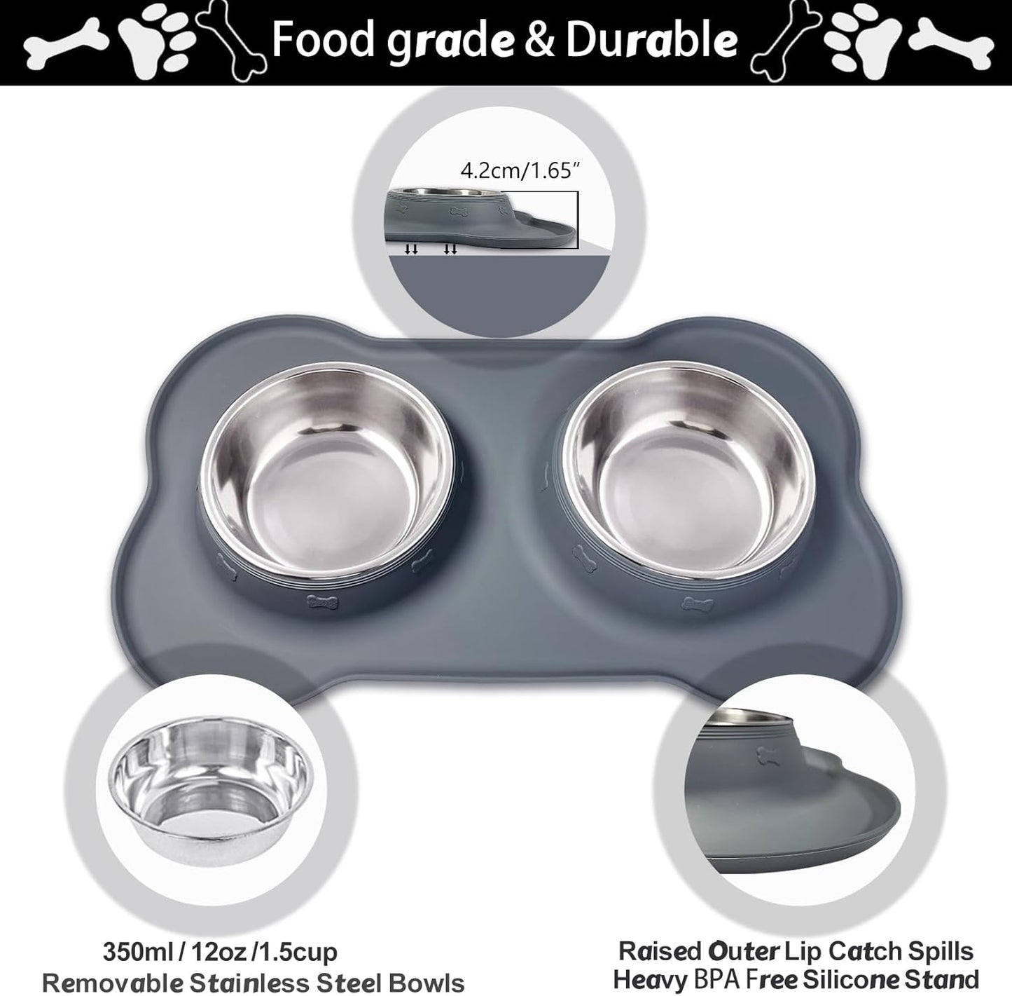 AsFrost Dog Food Bowls Stainless Steel & Water Dish with No-Spill and Non-Skid, Feeder Bowls with Dog Food Dish for Small Medium Large Size,Dogs,Cats,Puppy Pets, Black, 12oz