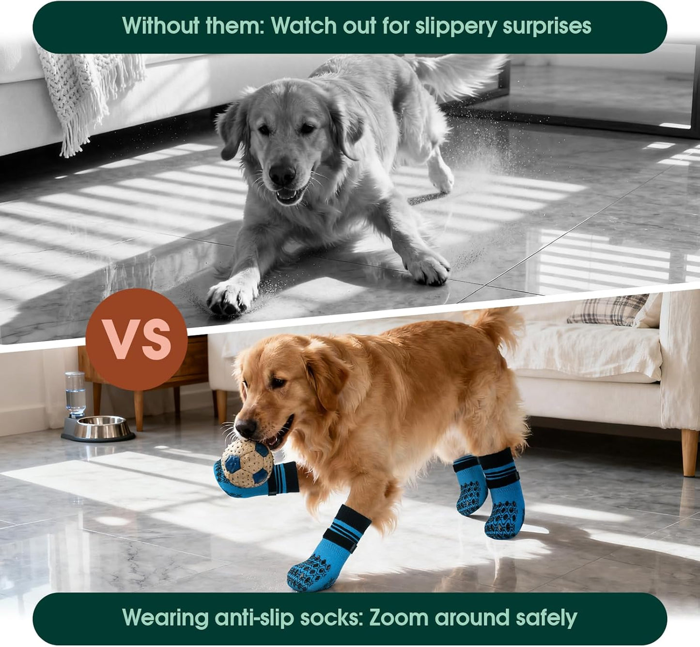 Kuoser Non Slip Dog Socks for Hardwood Floors, 4Pack Anti-Slip Dog Grippy Socks to Prevent Licking Paws, Dogs Booties Paw Protectors with Double-Sided Traction for Small Medium Large Senior Dogs, XS
