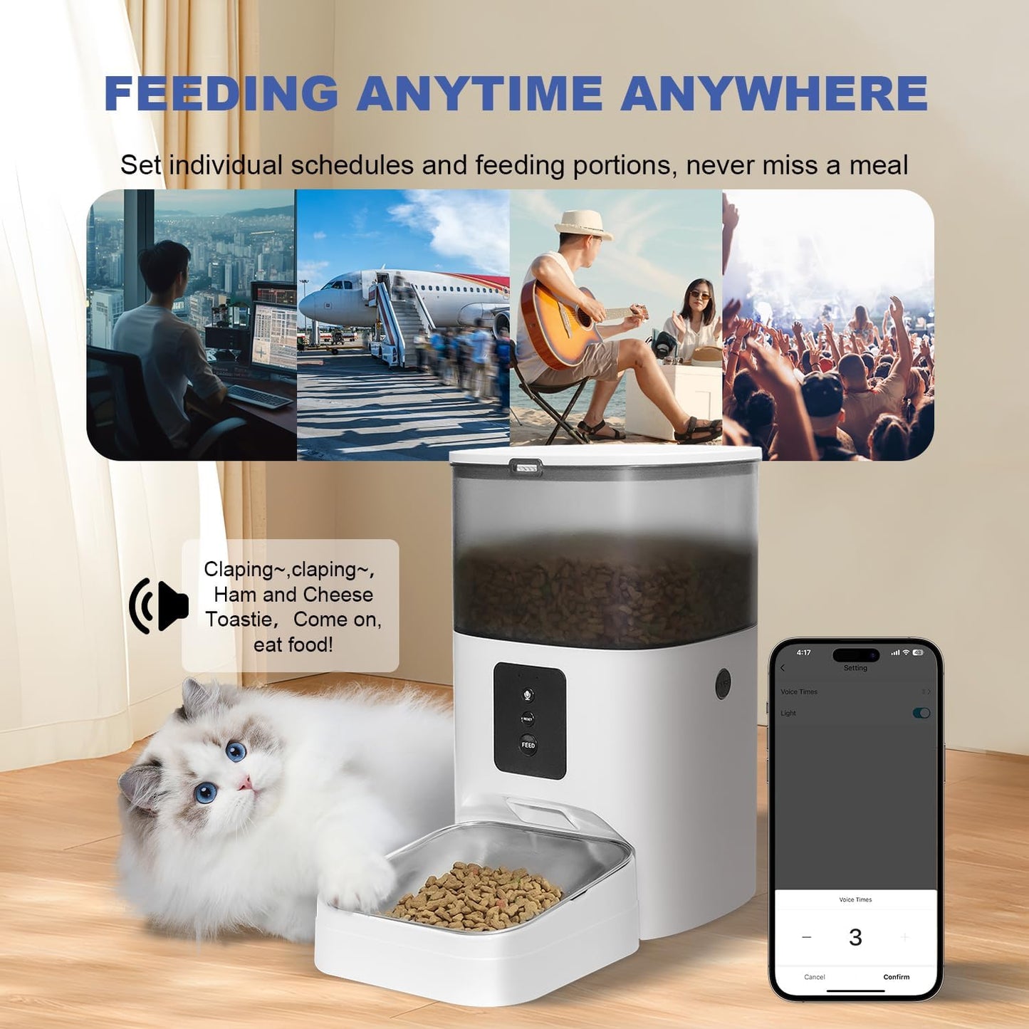 ANDOLL HOME Automatic Cat Feeder, 4L Cat Food Dispenser with 10s Voice Recorder, Pet Feeder up to 8 Meals per Day, Timed Dog Feeder with Dry Food Sealed Ring