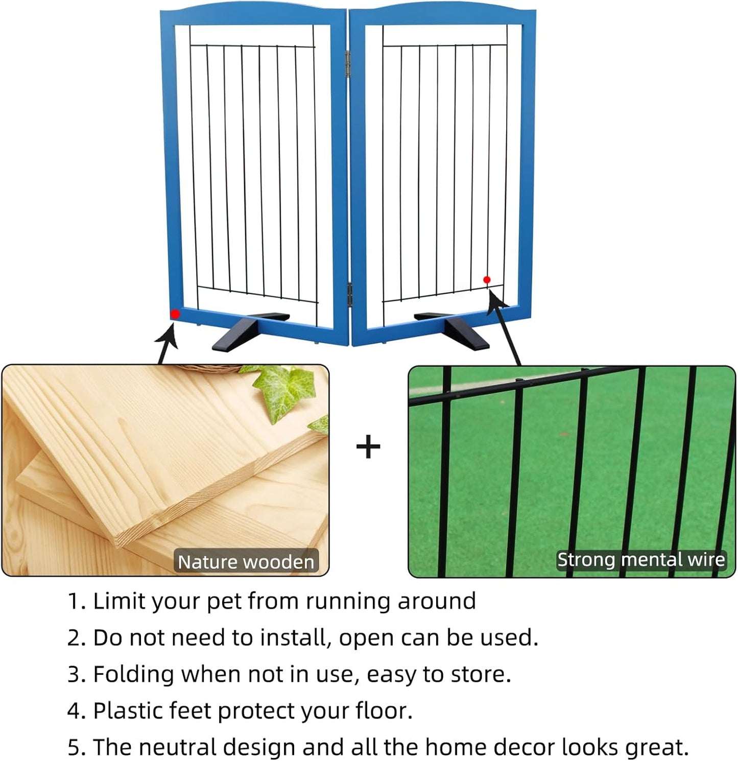ZJSF Freestanding Dog Fence Indoor, Foldable Dog Gate for Doorways, Stairs or Hallways, Sturdy Wood Extra Wide Pet Gate with Support Feet for The House, White, 24 "Height-3 Panels