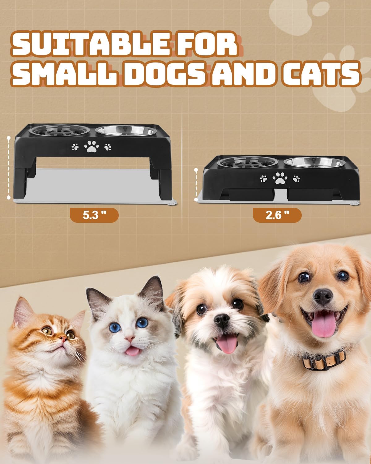 Jovrun Elevated Dog Bowls for Small Dogs and Cats, Non-Slip Cat Bowls with 2 Thick 5.5" Stainless Steel Dishes, Dog Feeder 2 Heights Adjustable to 2.6"-5.3"