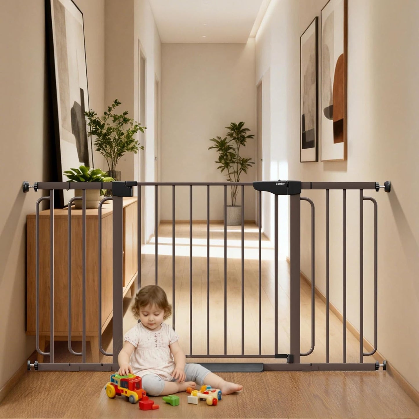 Cumbor 36.6-64" Extra Wide Baby Gate for Stairs, Dog Gates for Doorways, Auto-Close Pet Gate Indoor, Pressure Mounted Walk Through Safety Child Gate for Kids Toddler, Tall Pet Puppy Fence Gate, Brown