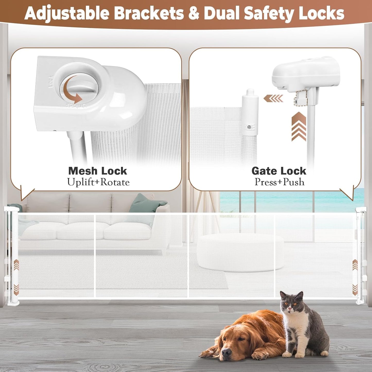 236" Retractable Baby Gate Extra Wide, 41" Tall Retractable Dog Gate for Stairs, Doorways, Decks, Mesh Gate Long Child Gate Pet Gate for Indoor, Outdoor, with Reinforced Mesh Rods, Dual Locks
