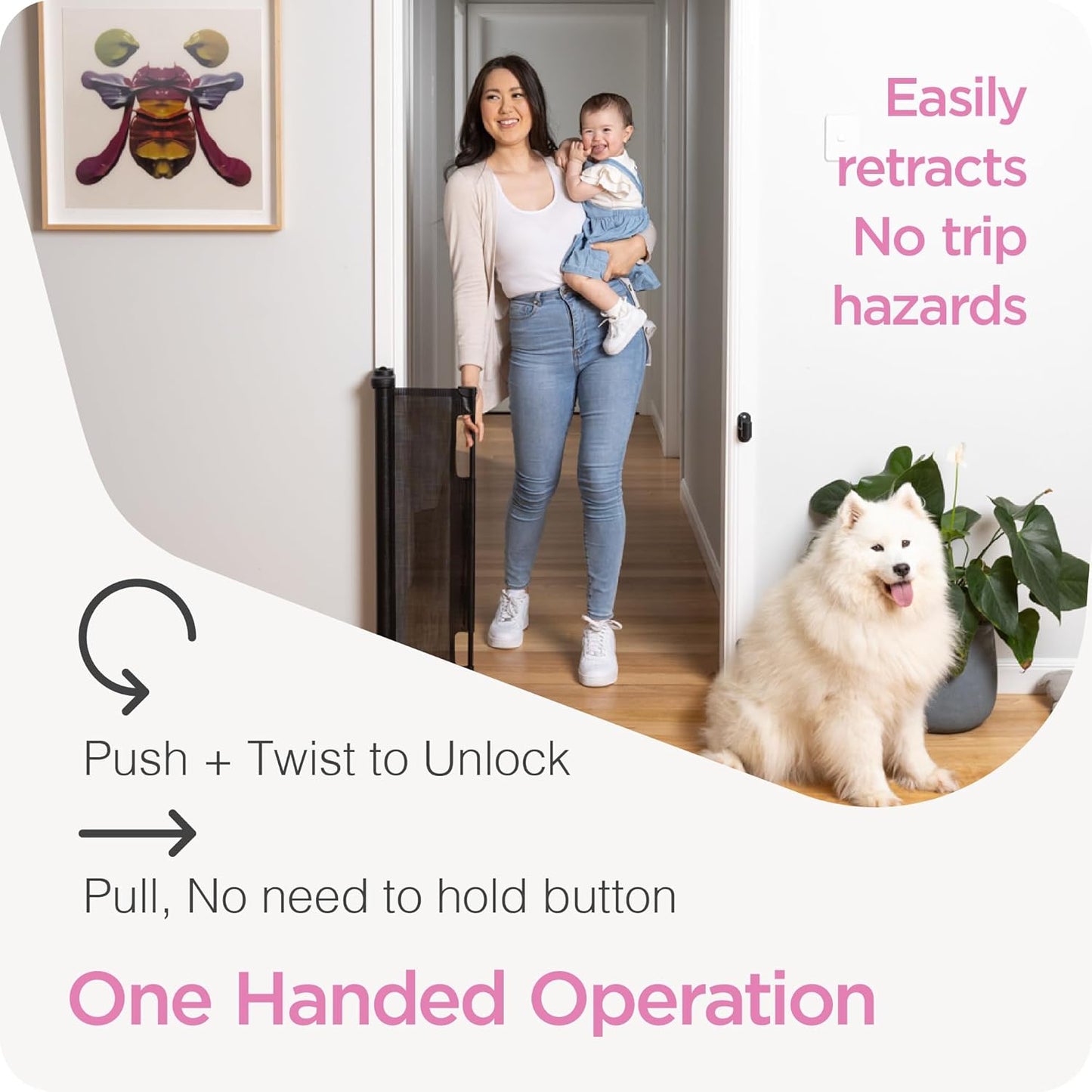 Retractable Baby Gate Perma Child Safety 33" Tall x 55” Wide, Mesh, for Stairs, Doorways, Dogs, Pets, Indoor, Outdoor, One-Handed Operation, Locking, Easy Install, Hardware Mount, Black