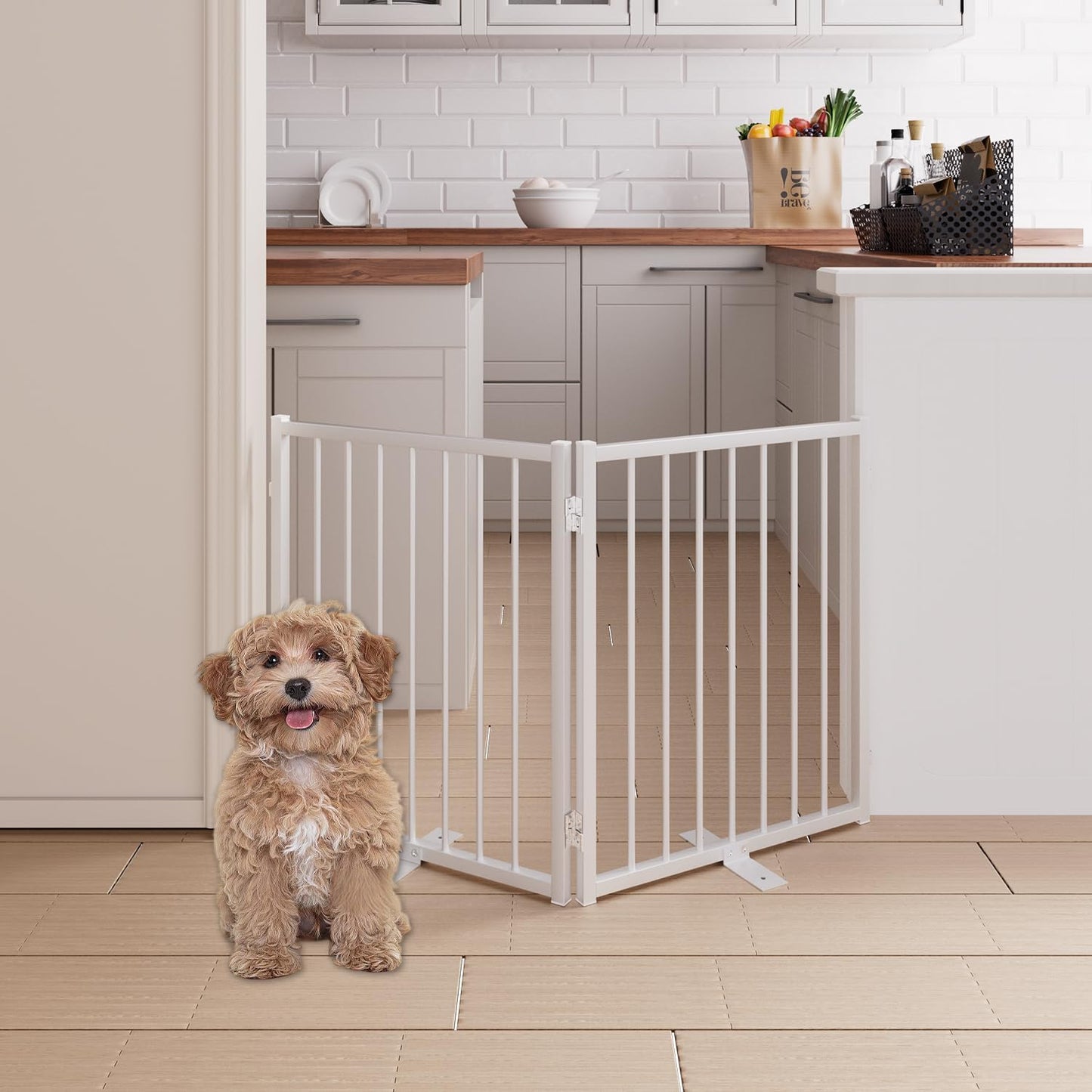 4 Panels Full Metal Freestanding Dog Gates with Door, 80” W x 32” H Folding Pet Gate Fence with Support Feet for Indoor,Stairs, Hallways and Doorways(Black)
