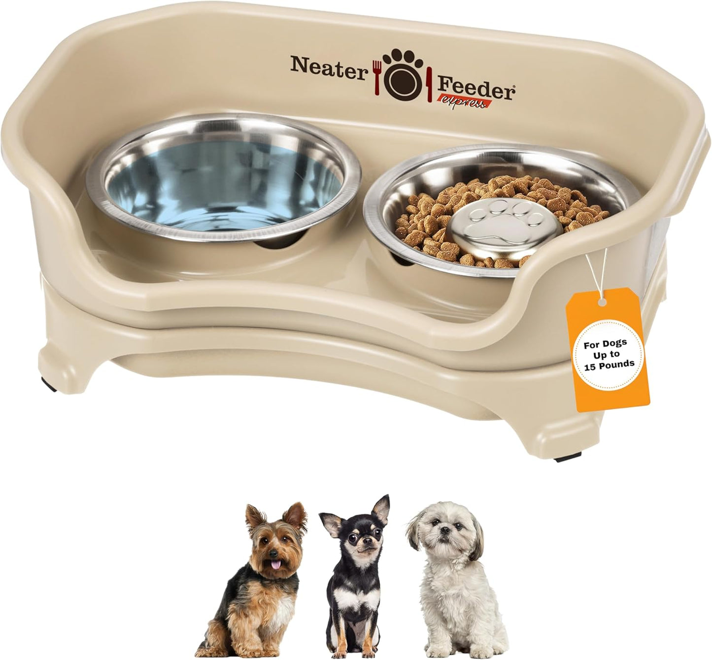 Neater Feeder Express Mess Proof Dog Bowls Elevated for Small Breeds under 15 Lb, Made in USA, No Spill Raised Dog Food Bowl Stand, Stainless Steel Food and Water Bowl Set, Feeding Station, Cappuccino