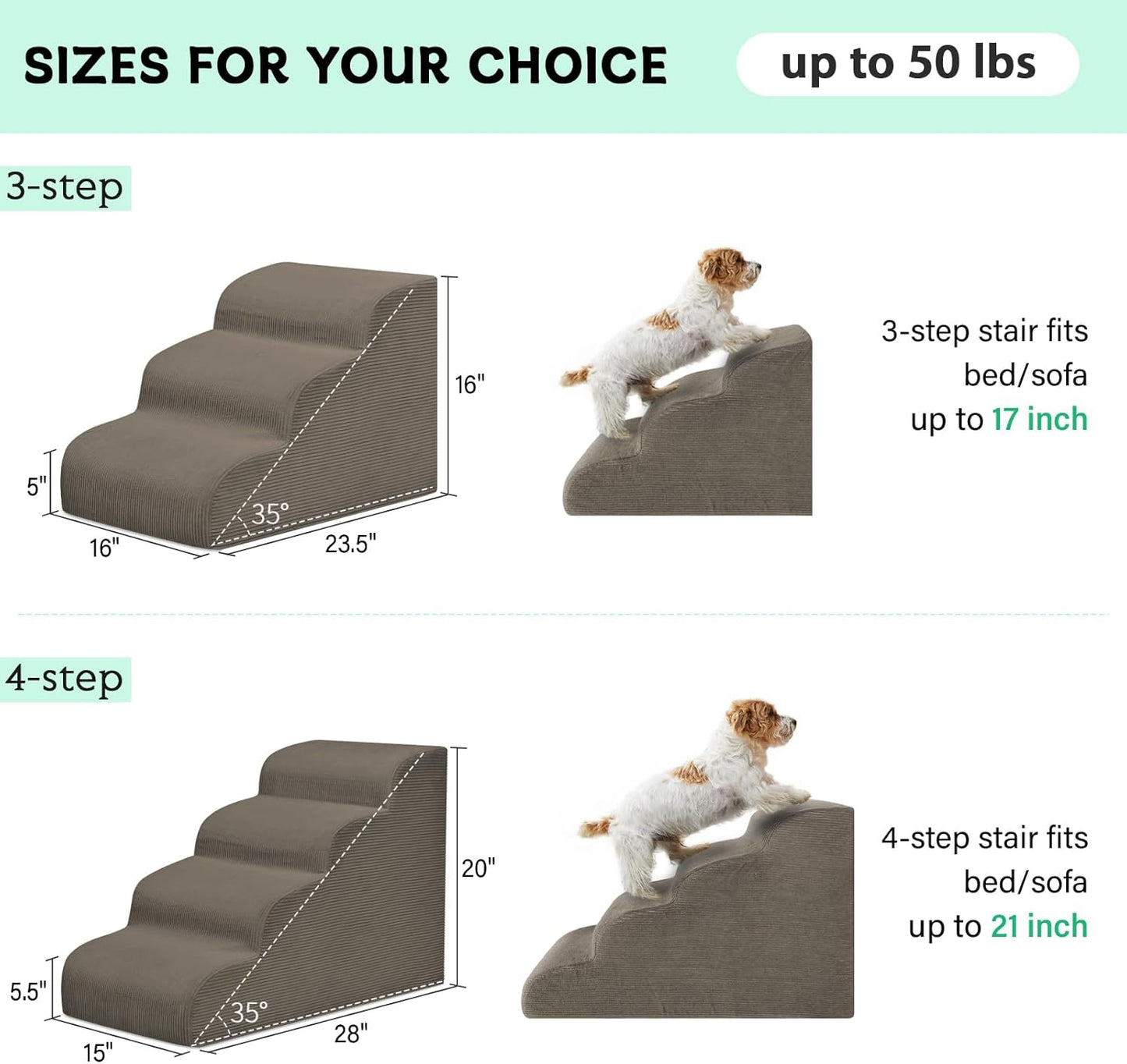 Mesa Lemon Dog Stairs & Steps for High Beds, 3 Steps High Density Foam Waterproof Dog Ramp for Small Dogs and Cats, Pet Stairs with Removable Washable Cover for Bed, Couch, Sofa and Car (H:16")