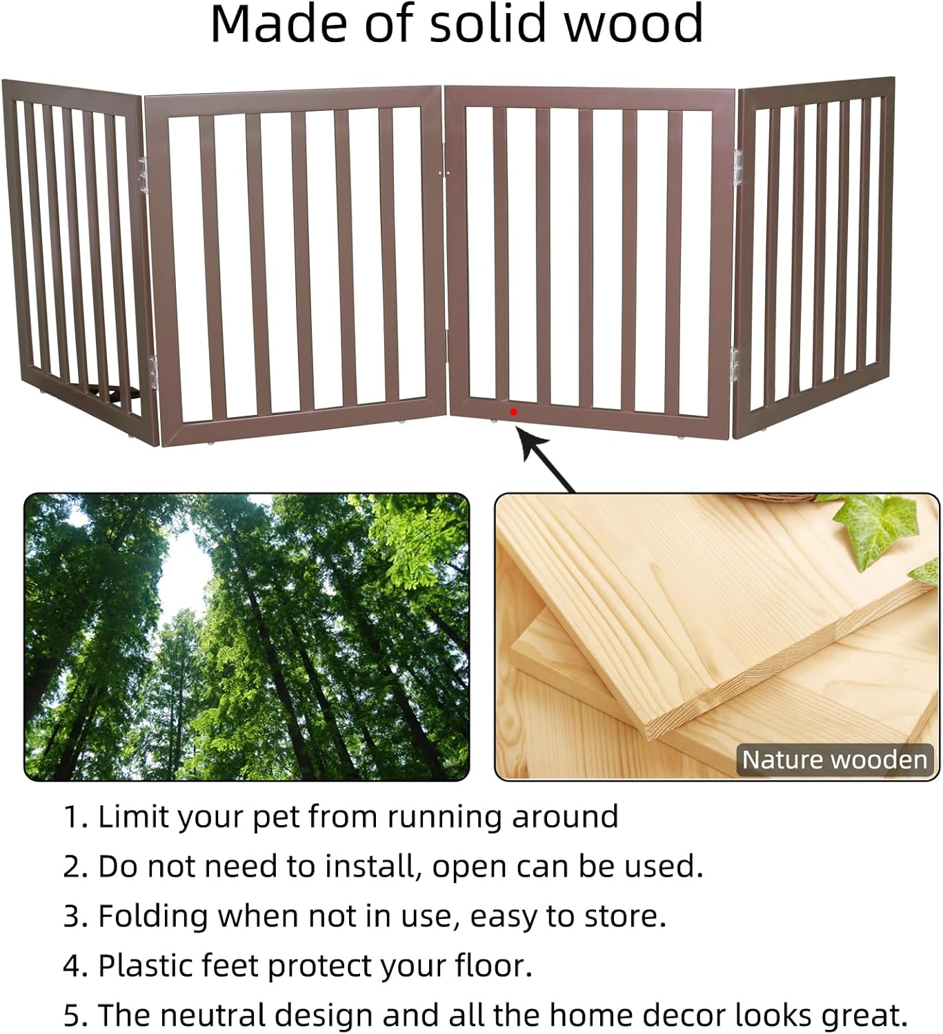 ZJSF Freestanding Indoor Dog Gate for House Foldable Wood Brown Puppy Gate for Doorways Pet Gate for Stairs Extra Wide Pet Fence 24" Height 2 Panels