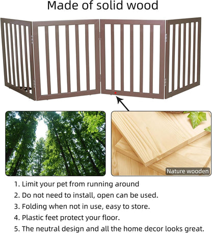 ZJSF Freestanding Indoor Dog Gate for House Foldable Wood Brown Puppy Gate for Doorways Pet Gate for Stairs Extra Wide Pet Fence 24" Height 2 Panels