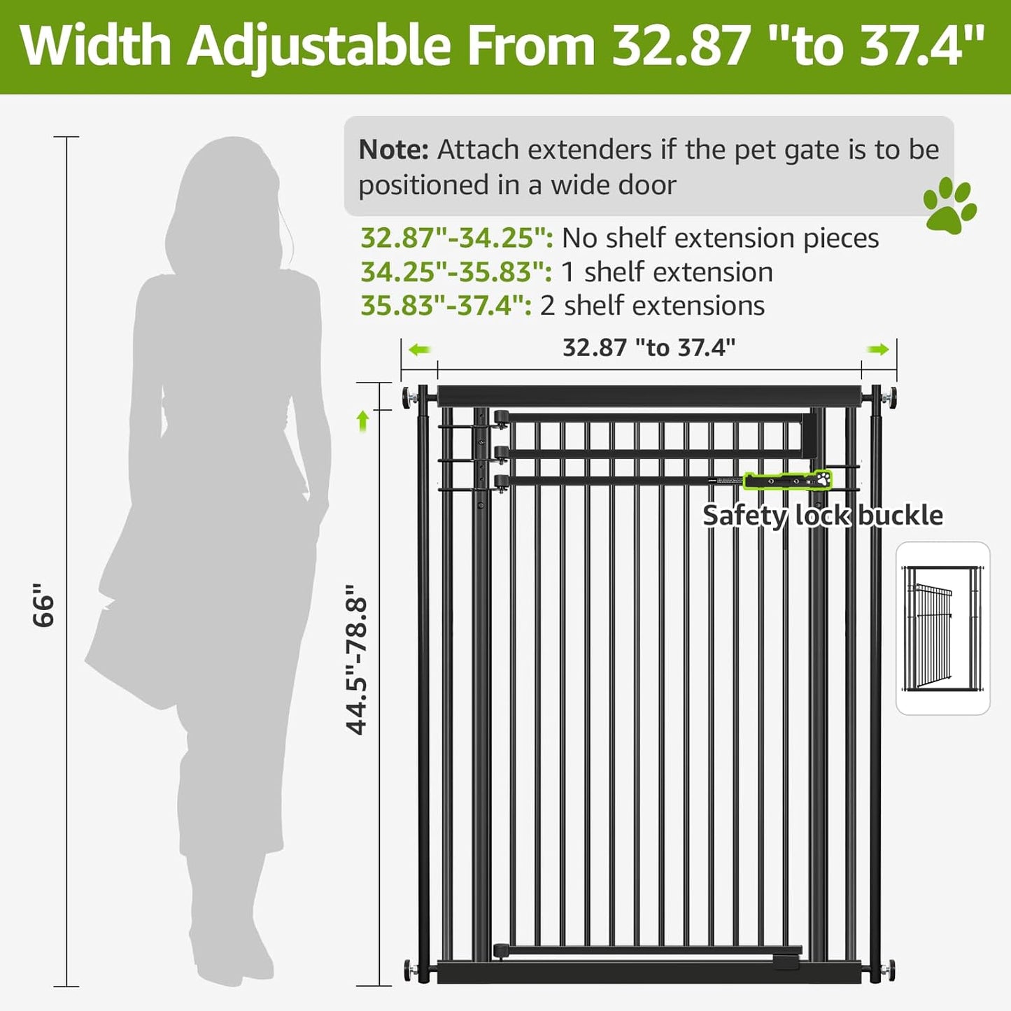78.8" Extra Tall Pet Gate for Cat/Dog, 32.8-37.4" Wide Tall Cat Gate for Doorways/Hallways, NO Drilling Pressure Mounted Dog Gate for Stairs, Studio, Kitchen (Black)