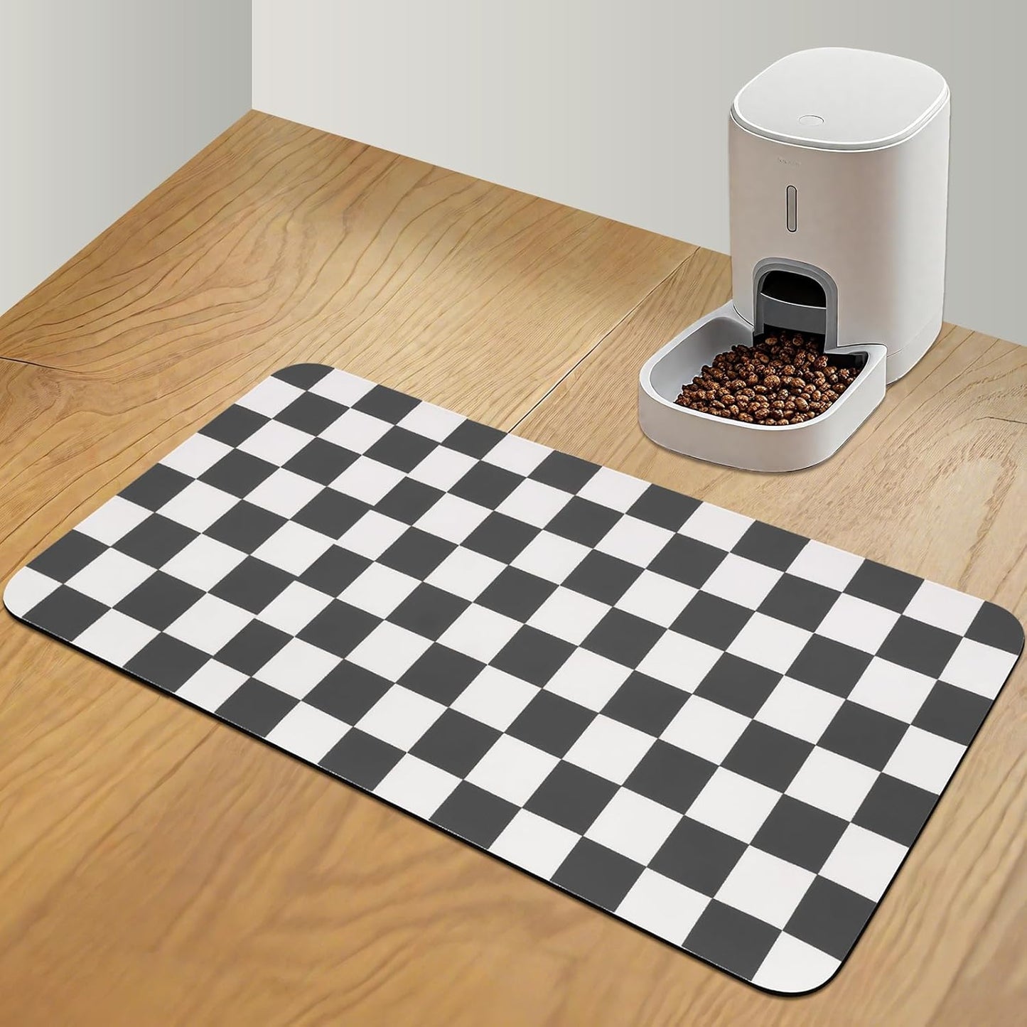 CooRug Checkered Dog Food Mat, Absorbent Leak-Proof Pet Feeding Mat, Quick Dry Cat Food Mat for Messy Drinkers 12" x 20" Khaki