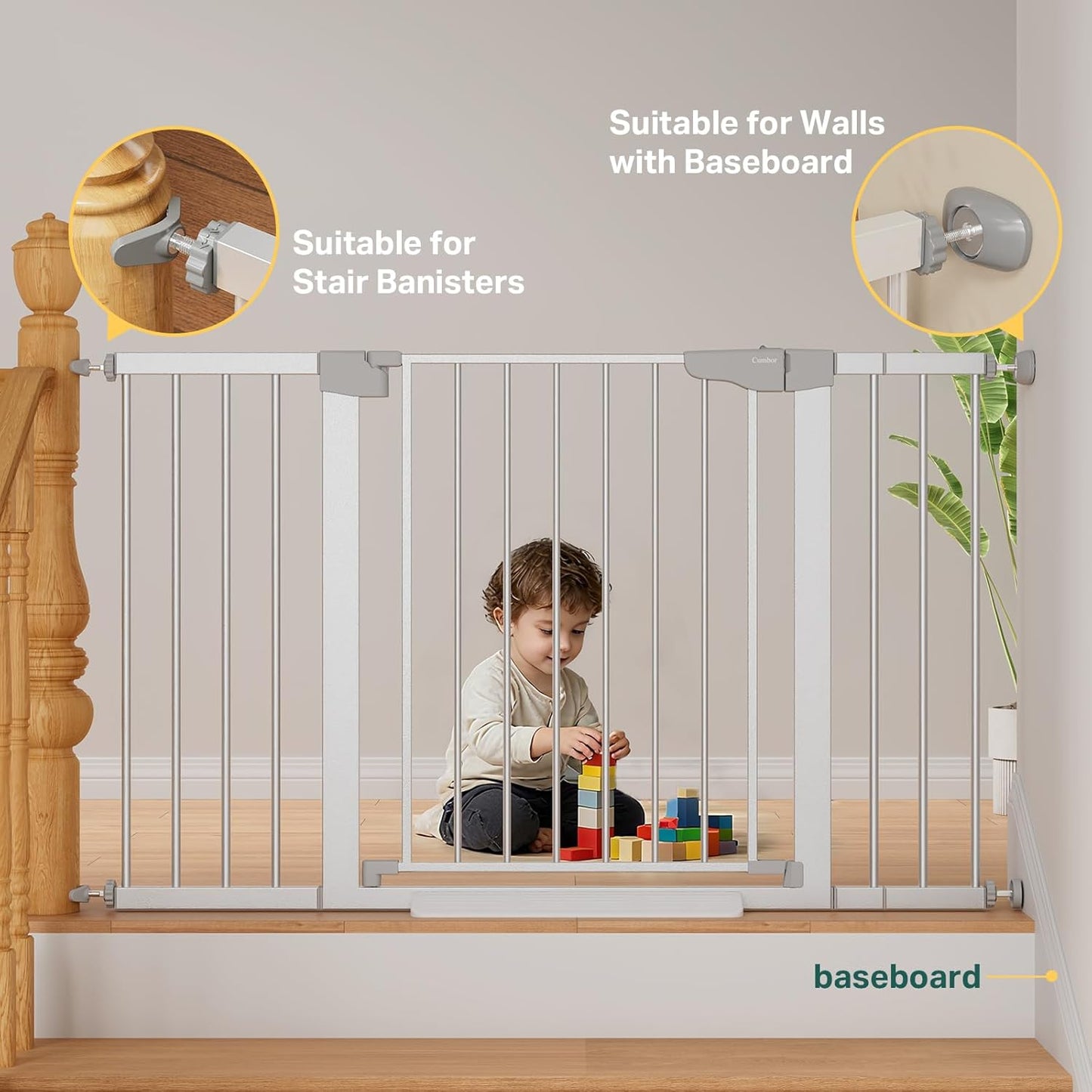 Cumbor 36.6-64" Extra Wide Baby Gate for Stairs, Dog Gates for Doorways, Auto-Close Pet Gate Indoor, Pressure Mounted Walk Through Safety Child Gate for Kids Toddler, Tall Pet Puppy Fence Gate, Brown