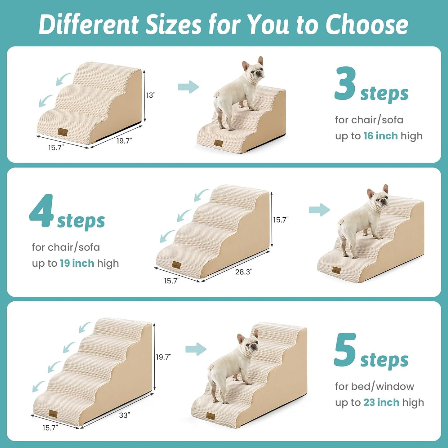 COZY KISS Dog Stairs for Small Dogs 15.7" H, 4-Step Sturdy Foam Dog Steps for Couch and Bed, Curved Pet Stairs for Puppy and Older Cat, Doggie Ladder with Washable Cover, 15.7x28.3x15.7 inch, Beige