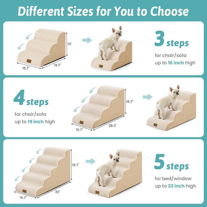 COZY KISS Dog Stairs for Small Dogs 15.7" H, 4-Step Sturdy Foam Dog Steps for Couch and Bed, Curved Pet Stairs for Puppy and Older Cat, Doggie Ladder with Washable Cover, 15.7x28.3x15.7 inch, Beige