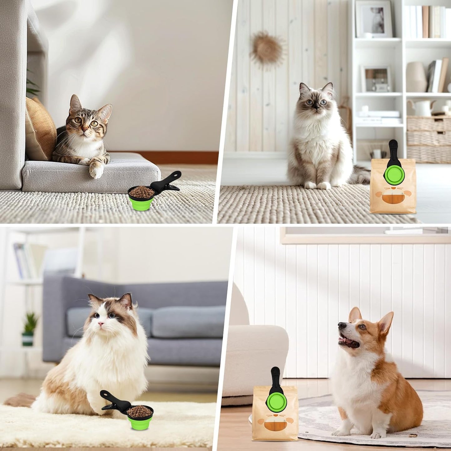 Collapsible Dog Food Scoop Foldable Pet Food Bag Clip 3 in 1 Multi-function Silicone Cat Food Measuring Cup Scoop Dog Food Scooper Pet Food Storage Clip (Green, 1 Cup Capacity(1 Pack))