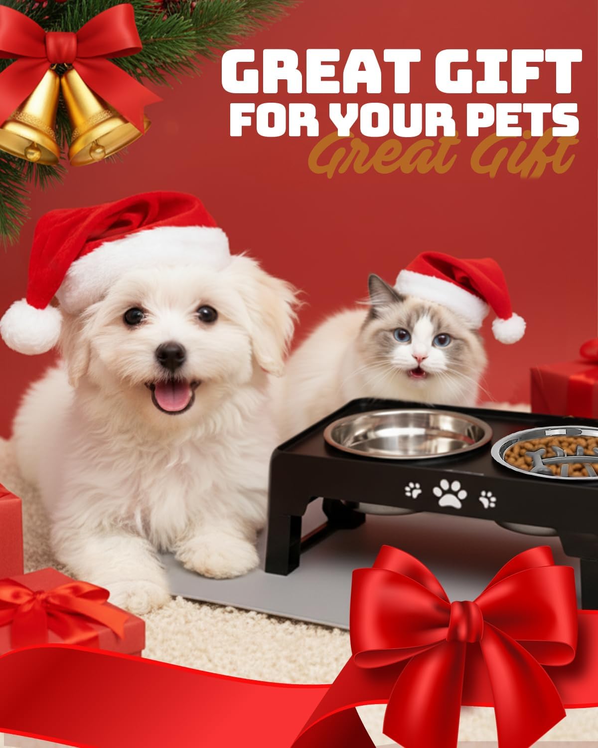 Jovrun Elevated Dog Bowls for Small Dogs and Cats, Non-Slip Cat Bowls with 2 Thick 5.5" Stainless Steel Dishes, Dog Feeder 2 Heights Adjustable to 2.6"-5.3"