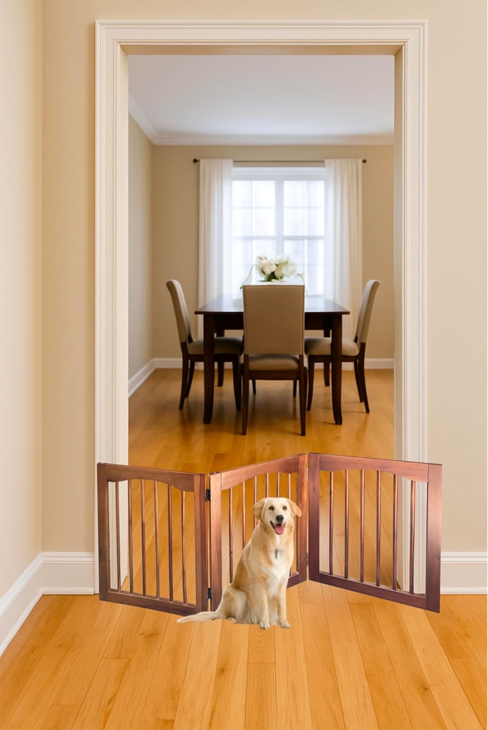 Tabago 4-Panel Foldable Freestanding Wooden Pet Gate 24"x20" – Expands up to 80", White & Natural Dog Gate for Small Pets, Stylish Indoor Barrier for Doorways & Hallways (Brown, 24" H x 80" W)