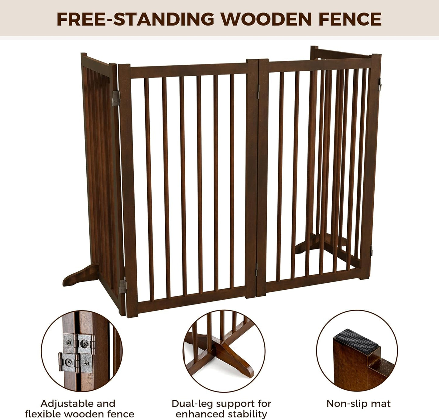 36" H Freestanding Dog Gate, Solid Wood Foldable Pet Gate with Support Feet, Wooden Tall Dog Gate for Doorway, Stairs & Indoor Use, 60" Wide Expandable Pet Fence, 3 Panels, Walnut
