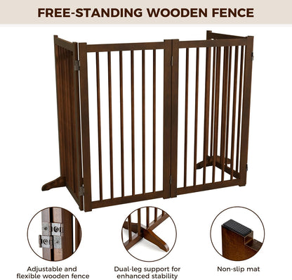 36" H Freestanding Dog Gate, Solid Wood Foldable Pet Gate with Support Feet, Wooden Tall Dog Gate for Doorway, Stairs & Indoor Use, 60" Wide Expandable Pet Fence, 3 Panels, Walnut
