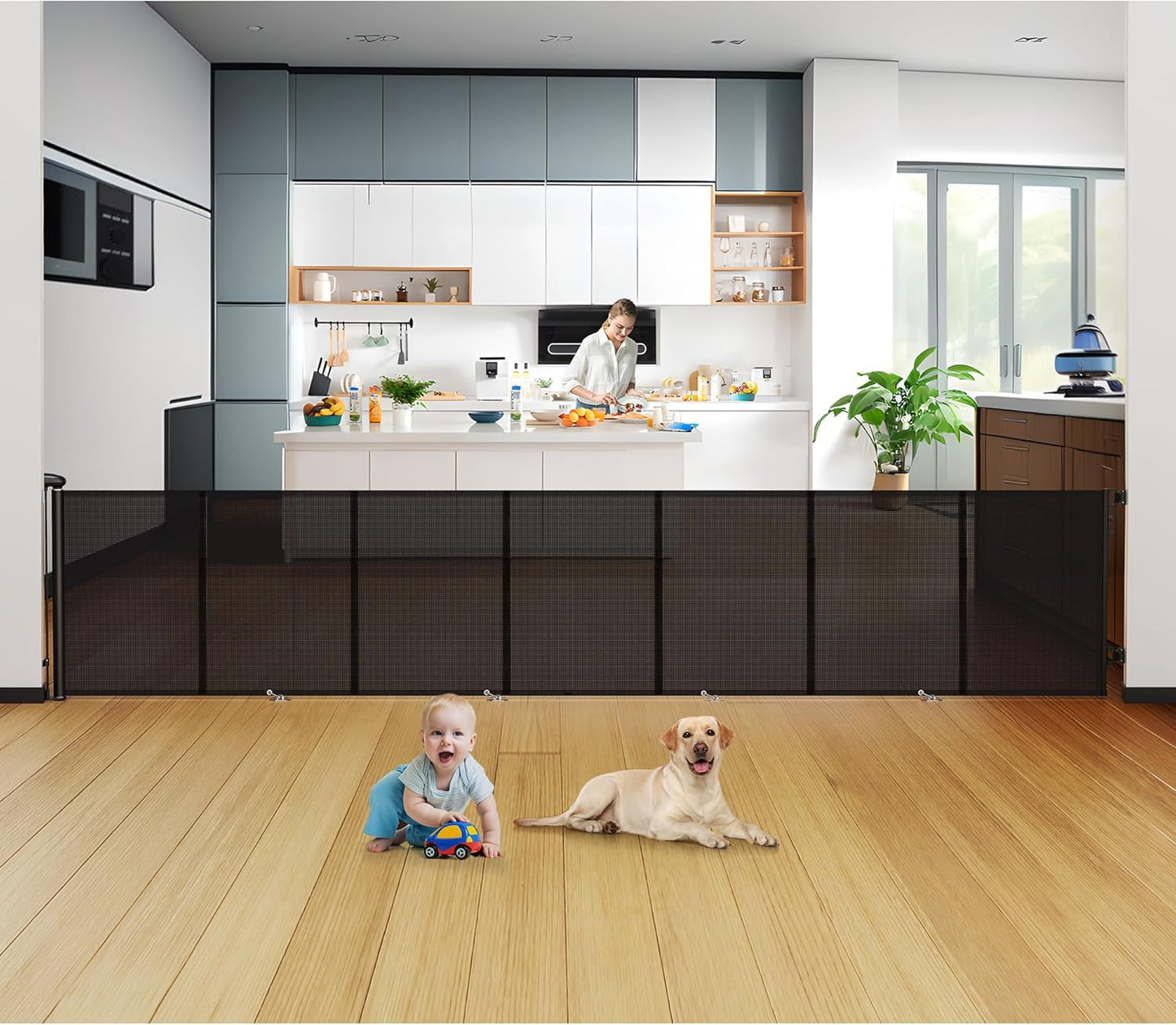 Uamector 138-Inch Extra Wide Retractable Baby Gate & Dog Gate, Reinforced Mesh Safety Gate Adjustable for Large Openings - Stairs, Doorways, Hallways - Indoor/Outdoor Use