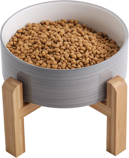 Black Elevated/Raised Dog Bowl Ceramic with Wood Stand for Medium Large Breed,Dog Food Water Dish Heavy Weighted,8 in Non Slip Modern Cute Porcelain Pet Bowl Extra Large
