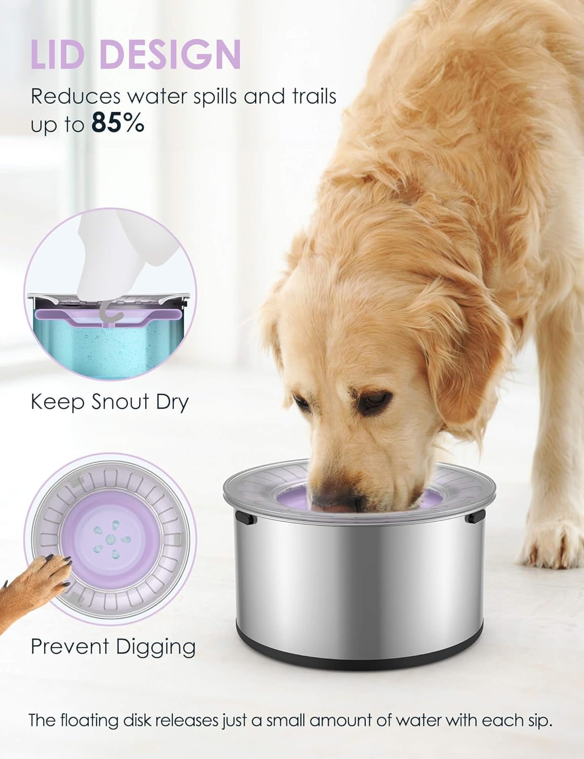 Heouvo 1 Gallon Large Dog Water Bowl No Spill,【Anti Digging Lid & Rubber Bottom】 Spill Proof Dog Bowl, Anti Splash Mess Dripless Slow Drinking Stainless Steel Water for Sloppy Messy Drinkers Car